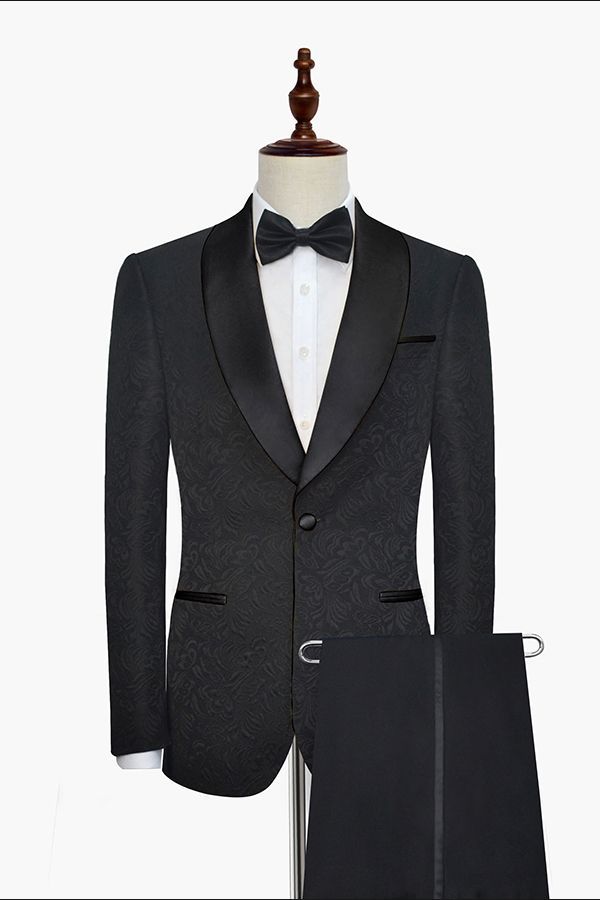 Classic Black Jacquard Wedding Tuxedo Shawl Lapel Silk One-Button Wedding Suits for Men