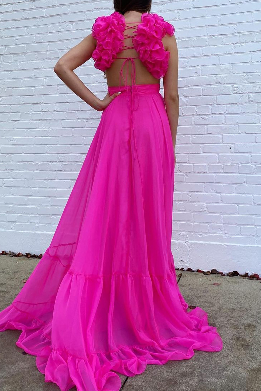 Fuchsia Long A-Line Prom Dress with 3D Flowers and V-Neck