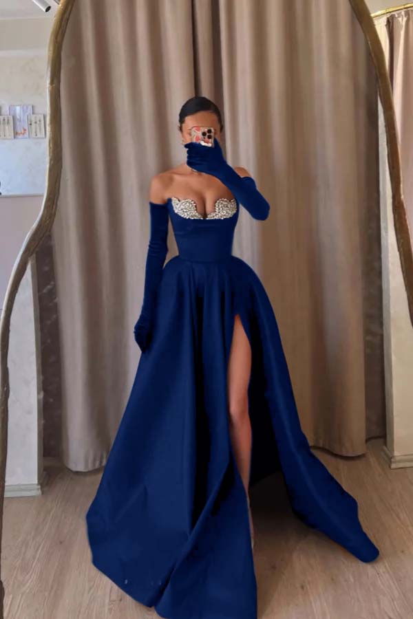 Strapless Sleeveless Long Split Formal Dress With Beading Long Gloves