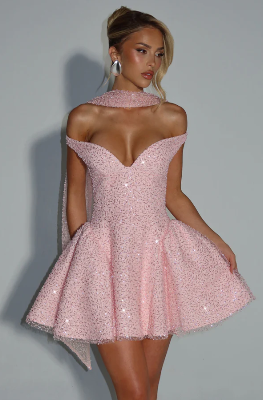 Off the Shoulder Sleeveless Short A Line Formal Dress With Sequin