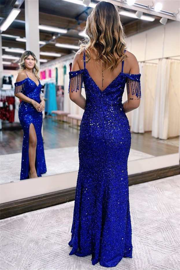 Luxury Spaghetti Straps Off-The-Shoulder V-Neck Blue Sequins Slit Evening Dress With Tassels