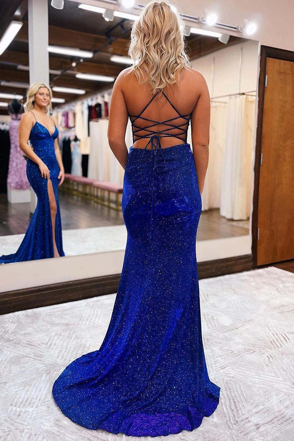 Long Blue Sequined Prom Dress with Spaghetti Straps and Silt