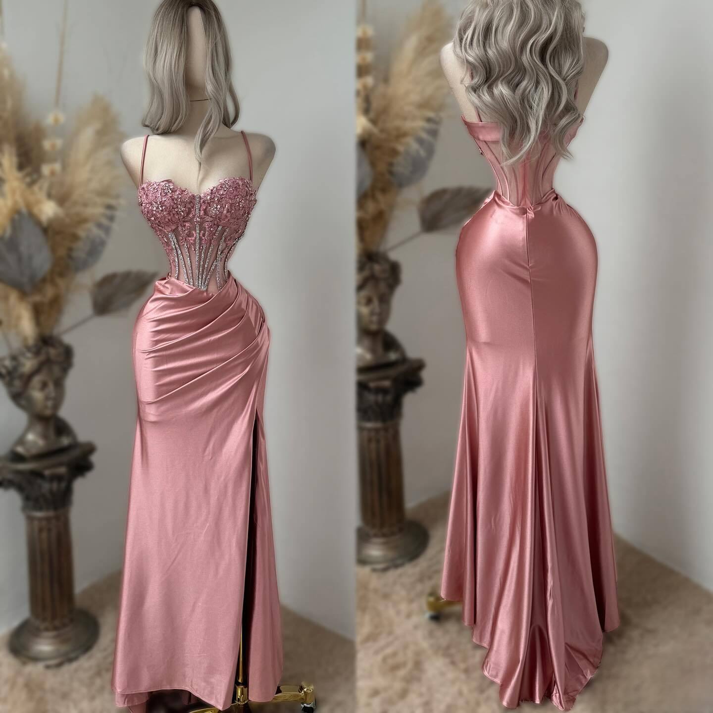 Sweetheart Exquisite Spaghetti-Straps Embroidery Split Evening Dress