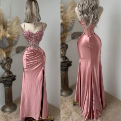 Sweetheart Exquisite Spaghetti-Straps Embroidery Split Evening Dress