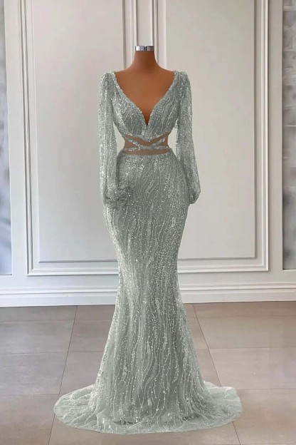 Light Green Long Sleeves V-Neck Evening Dress Mermaid With Sequins Beads