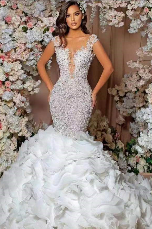 Glamorous Mermaid Cap Sleeves Lace Appliques Wedding Dress with Ruffle