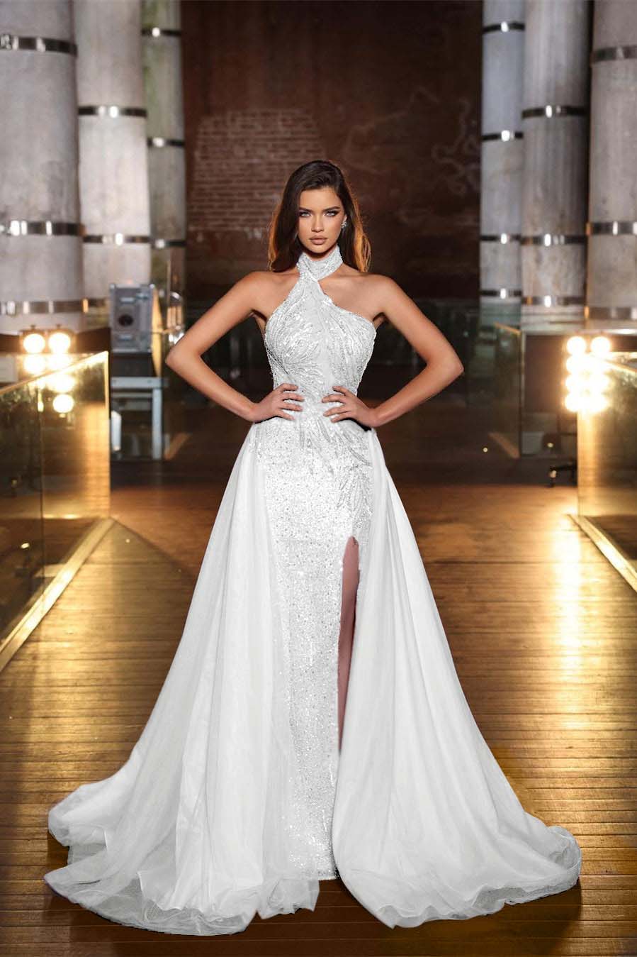 Purple Halter Mermaid Formal Dress Tulle Ruffles With Split Appliques