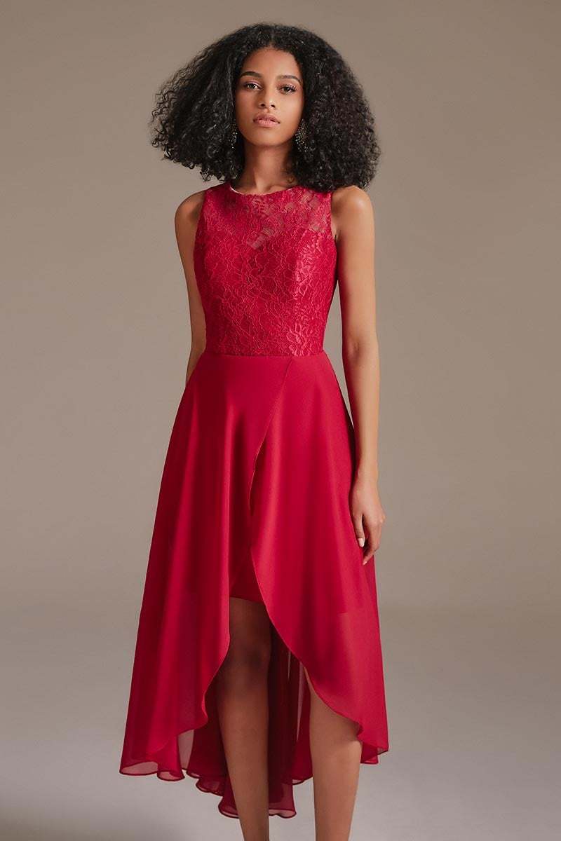 Red Lace Hi-Lo Bridesmaid Dress