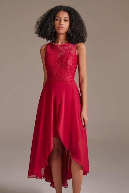 Red Lace Hi-Lo Bridesmaid Dress