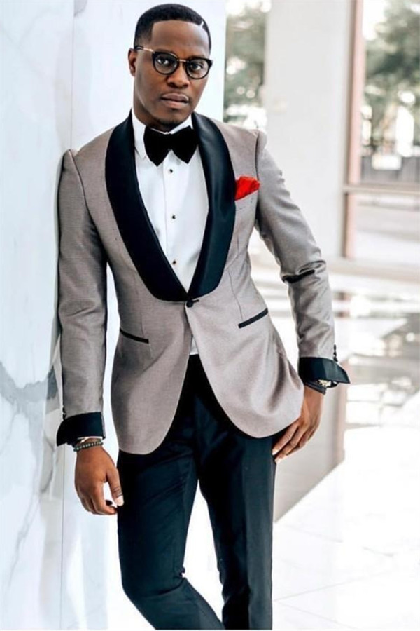 Gray Black Lapel Wedding Groom Men's Suit with One-Button