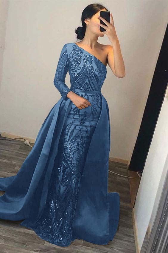 Dark Green Overskirt One Shoulder Long Sleeve Mermaid Formal Dress With Sequins