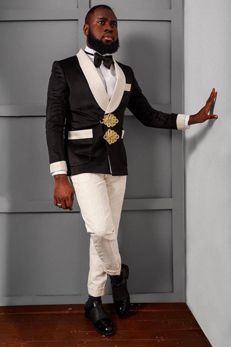 New Arrival Bespoke Jacquard Black Knitted Button Wedding Suits for Groom