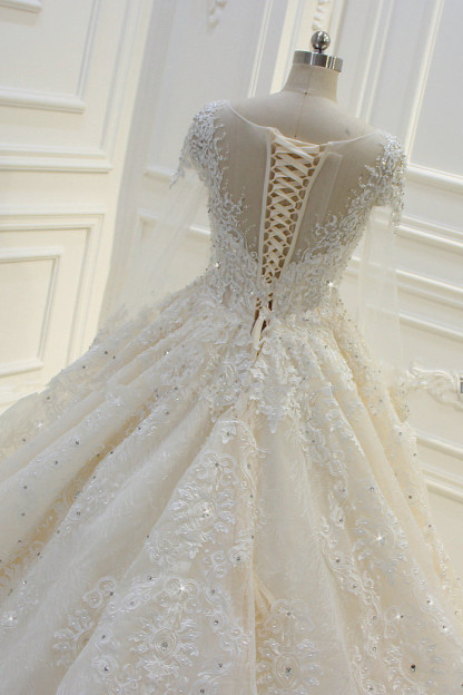 Elegant Beading Ball Gown Long Sleeves Bateau Wedding Dress with Appliques Lace