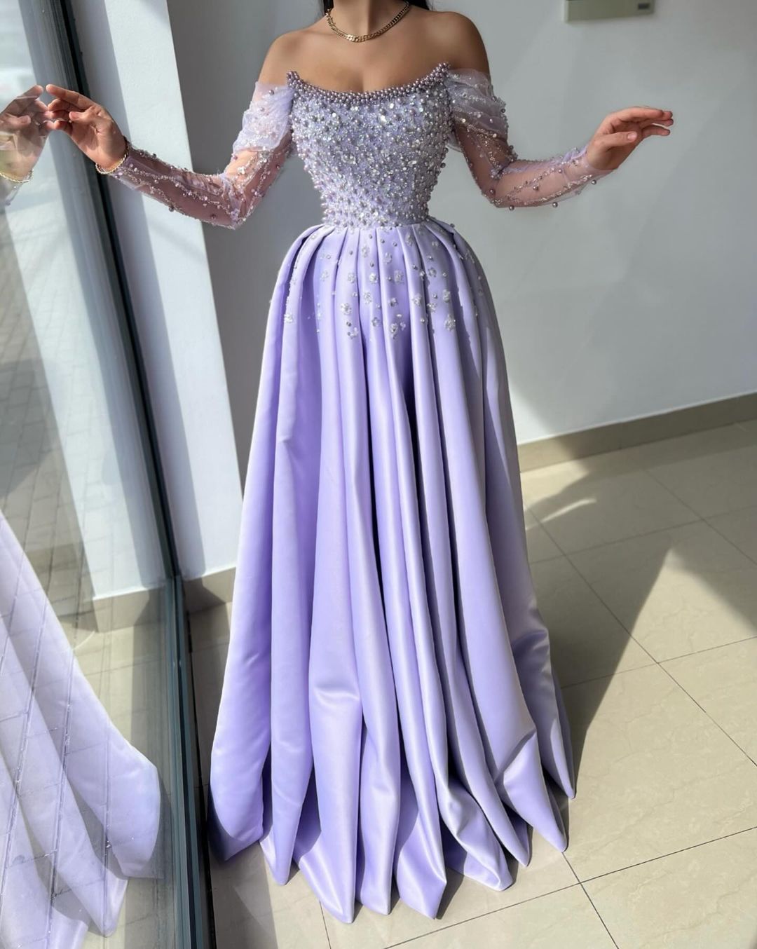 Elegant Off-The-Shoulder Lilac Beading Embroidery Princess Long Prom Dress