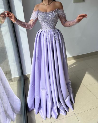 Elegant Off-The-Shoulder Lilac Beading Embroidery Princess Long Prom Dress