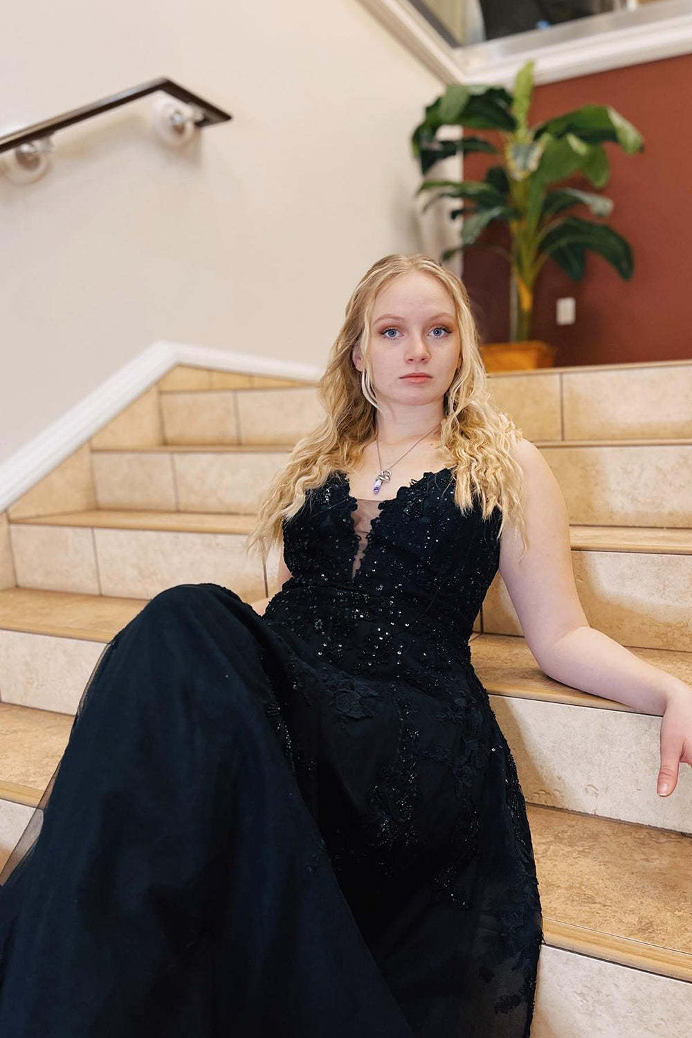A-Line Prom Dress with Black Spaghetti Straps and Appliques