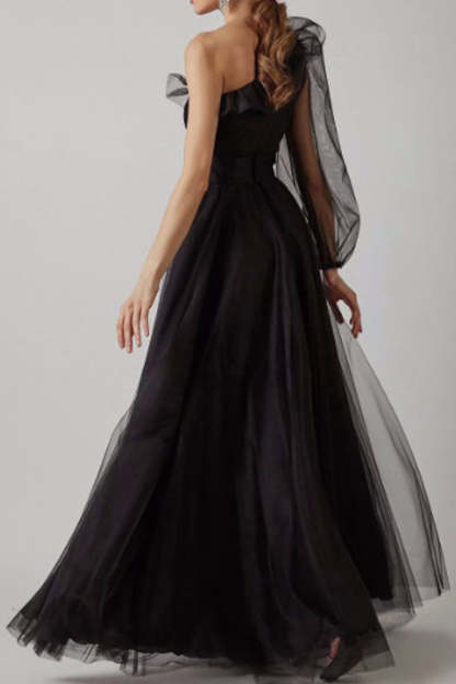 Black One Shoulder A-Line Long Sleeve Prom Gown