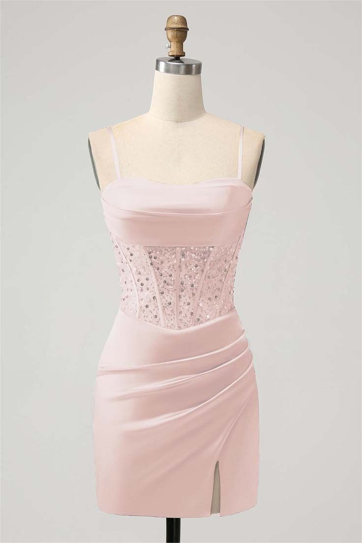 Green Sequins Spaghetti-Straps Short Mini cocktail Dress