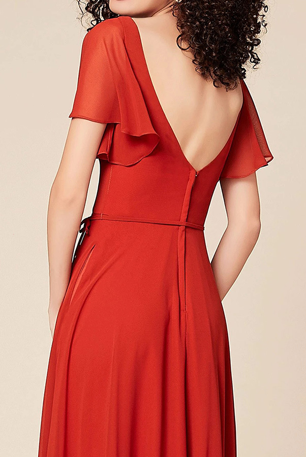 Chiffon Short Sleeves Bridesmaid Dress with Slit