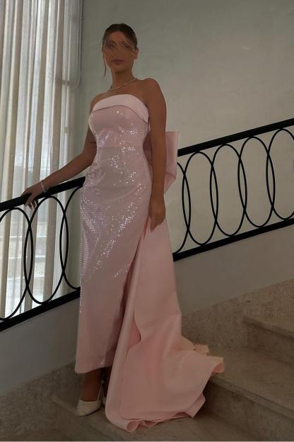 Charming Pink Sequins Sleeveless Strapless Formal Dress With Bowknot