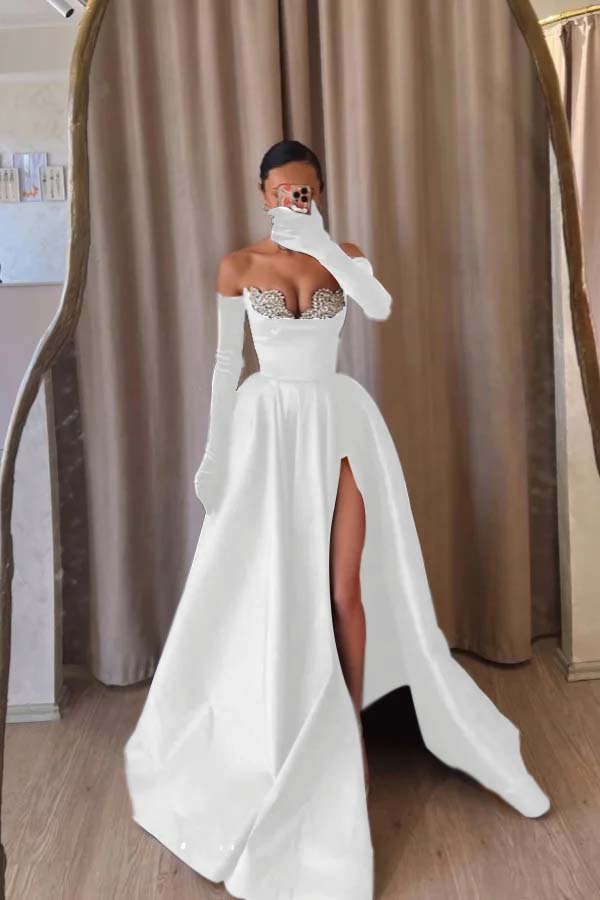 Strapless Sleeveless Long Split Formal Dress With Beading Long Gloves