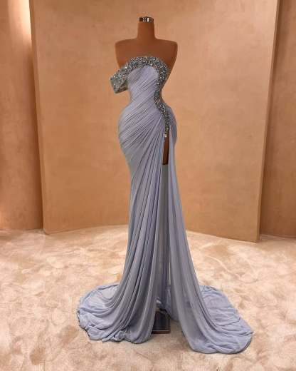 One Shoulder Sleeveless Long Split Formal Dress With Pleated Sequins
