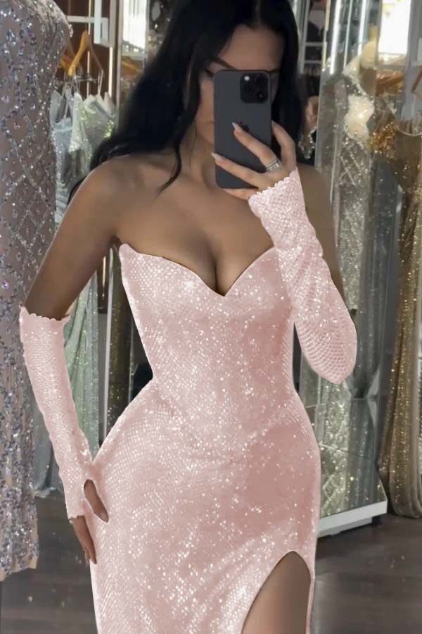 Sequin Strapless Long Mermaid Formal Dress With Split Detachable sleeves