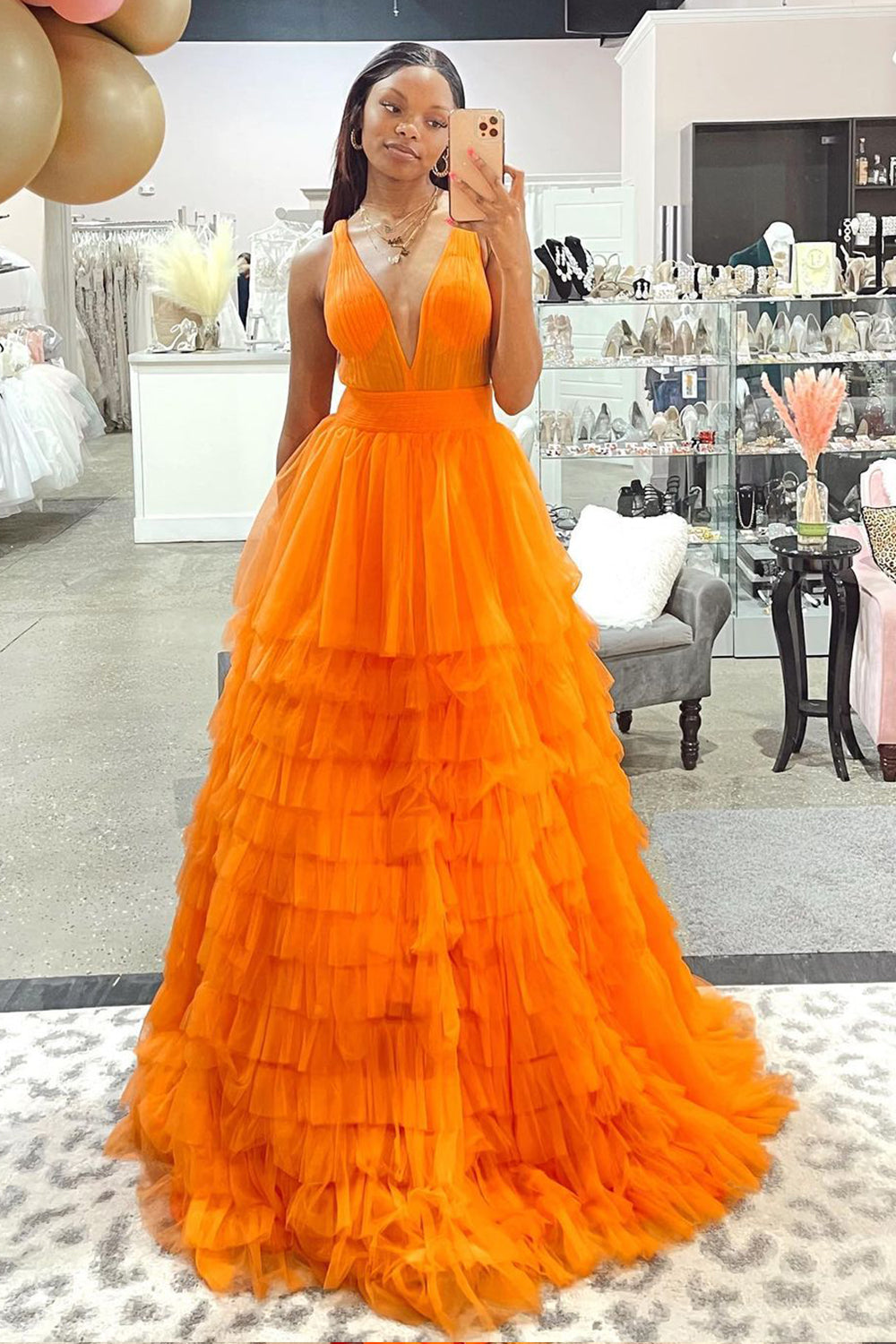 Long V-Neck Prom Dress in Orange Tulle