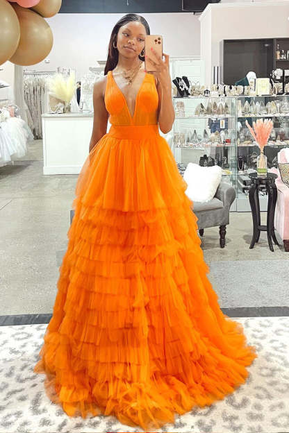 Long V-Neck Prom Dress in Orange Tulle