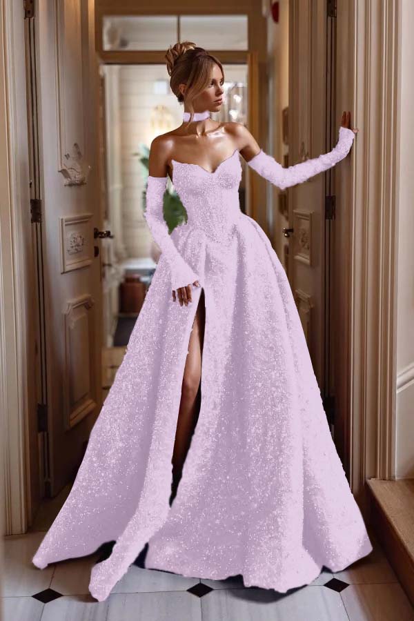 Strapless Sleeveless Long Split Formal Dress With Sequins Detachable sleeves