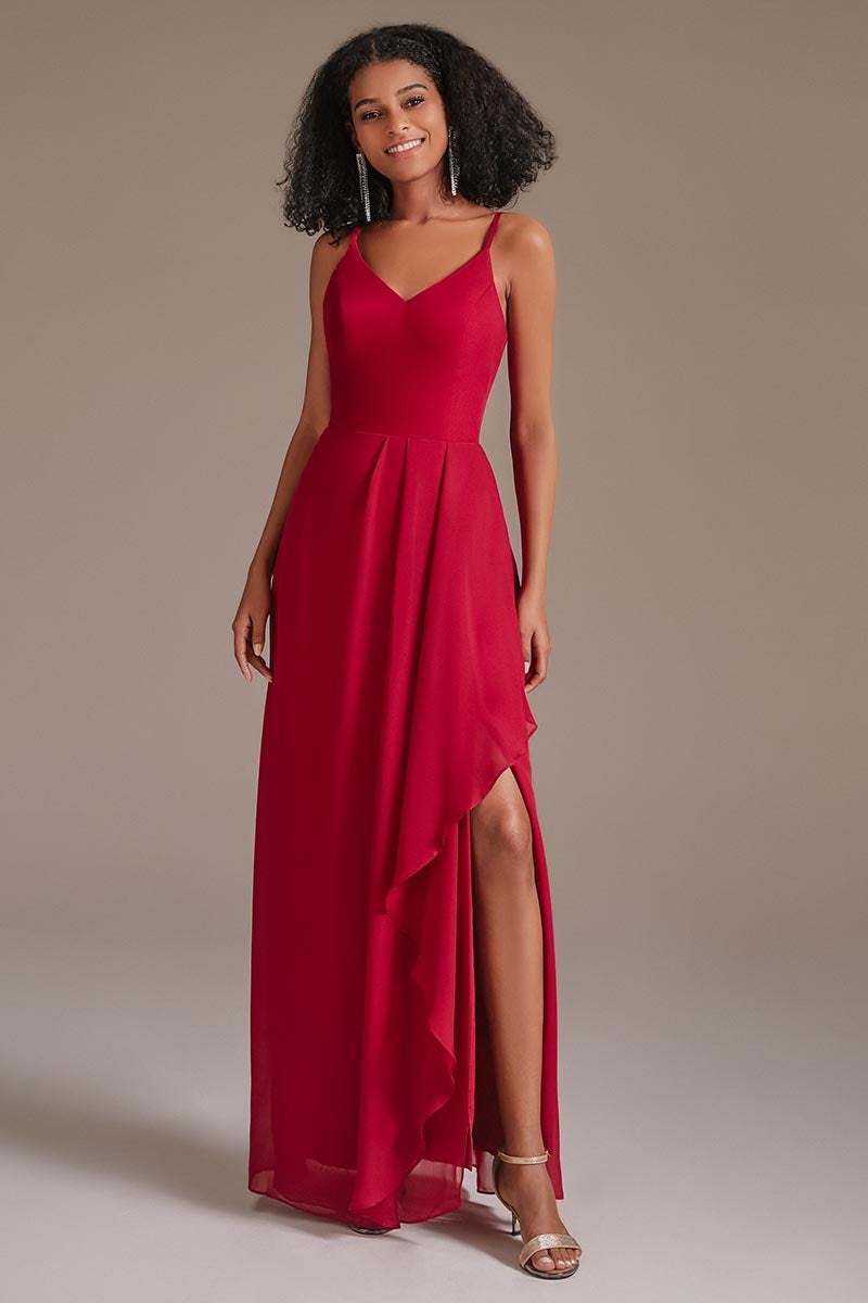 Red Spaghetti-Straps Side Split Bridesmaid Dress