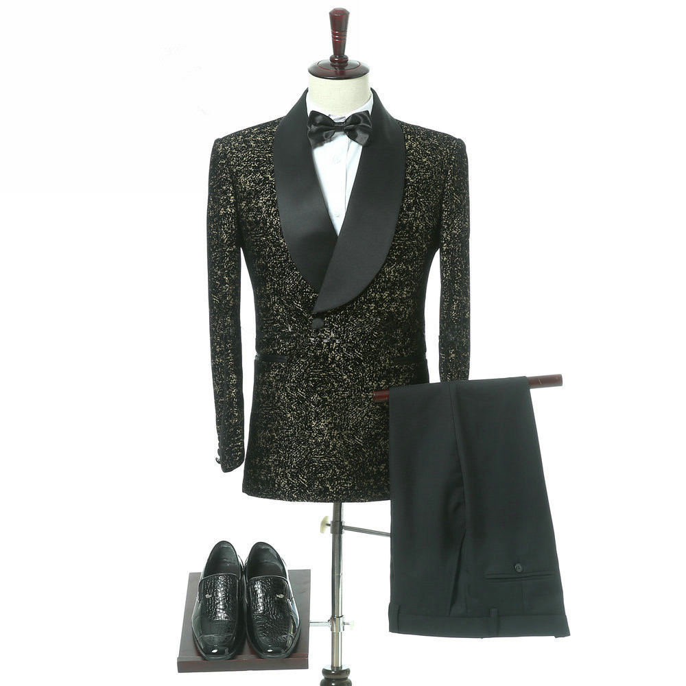 Elegant Black Slim-Fit Double-Breasted Shawl Lapel Wedding Tuxedo