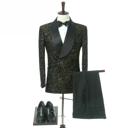 Elegant Black Slim-Fit Double-Breasted Shawl Lapel Wedding Tuxedo