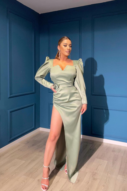 Dusty Sage Long Sleeves Front Split V-Neck Evening Dress Elegant