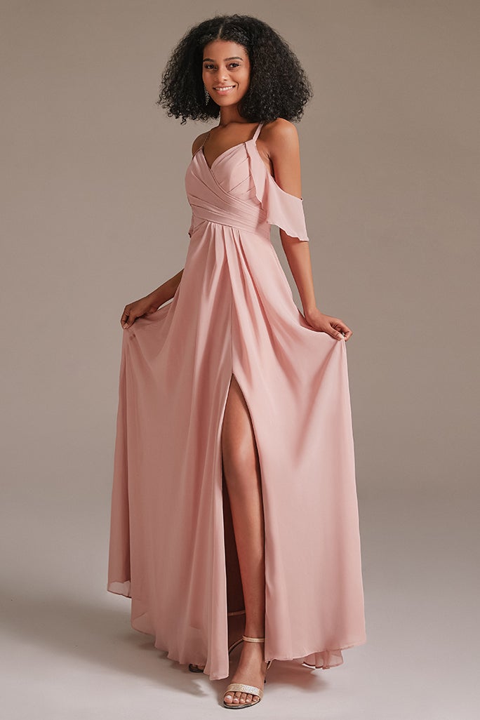 Pink Chiffon Long Bridesmaid Dress Split