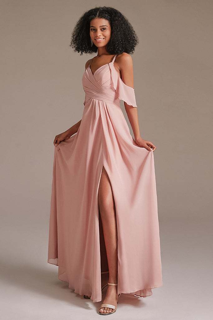 Pink Chiffon Long Bridesmaid Dress Split
