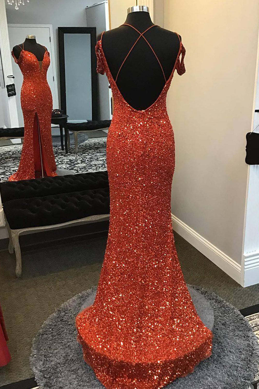 Red Sequined Long Prom Dress with Front Split and Off-the-Shoulder Sheath