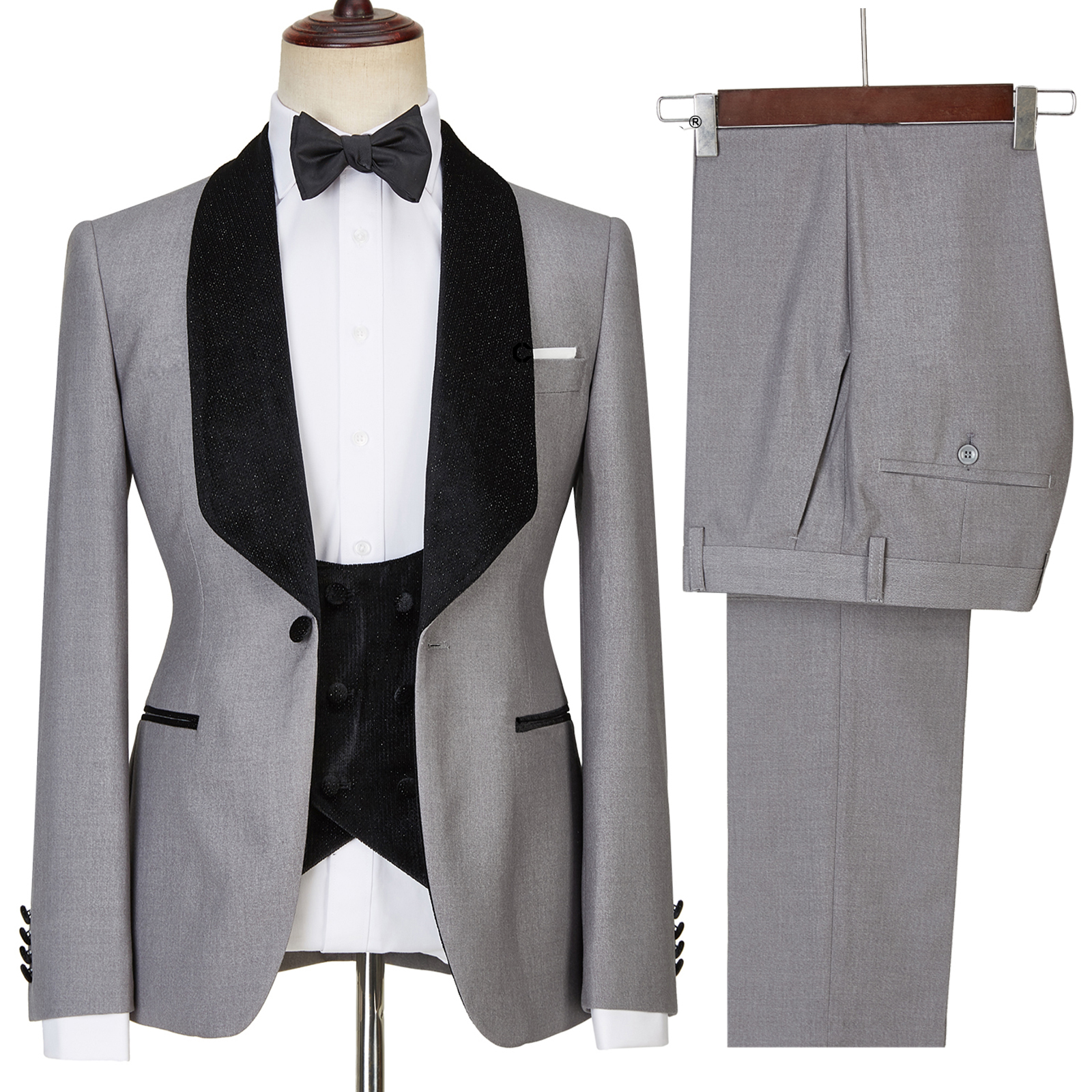 Robert Light Gray One-Button Shiny Shawl-Lapel Three-Piece Wedding Men's Suits
