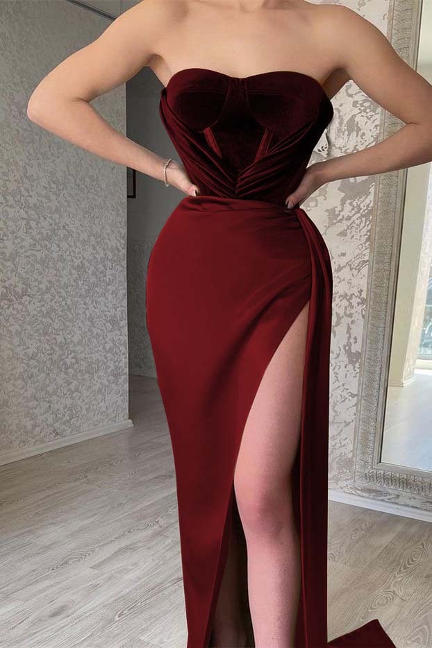 Olive Green Mermaid Strapless Evening Dress With Split