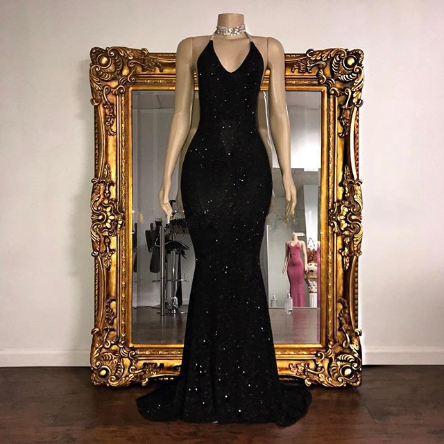 V-Neck Mermaid Elegant Halter Evening Dress With Sequins
