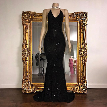 V-Neck Mermaid Elegant Halter Evening Dress With Sequins