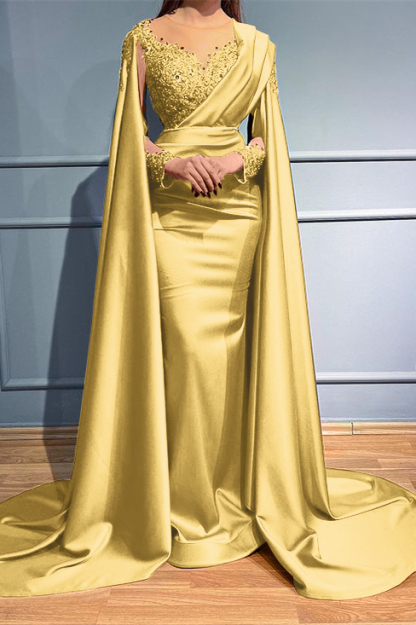 Rust Long Sleeves Beads Mermaid Appliques Evening Dress With Ruffles