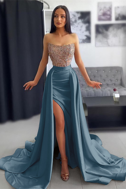 Strapless Dark Pink Slit Mermaid Prom Dress With Chic Sequins Ruffles Appliques