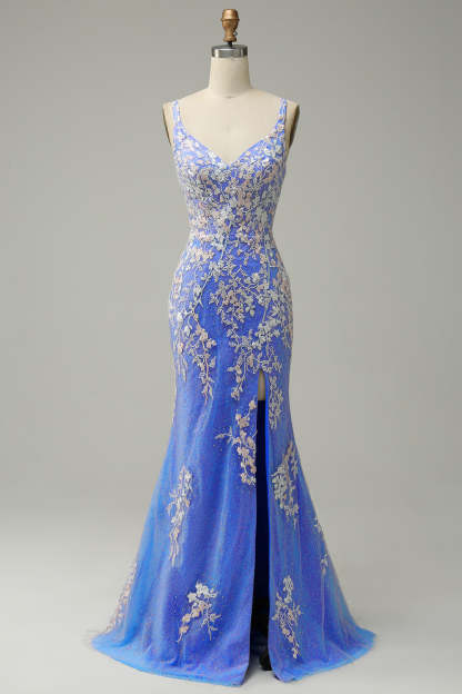 Long Blue Mermaid Prom Dress with Glitter Lace and Slit