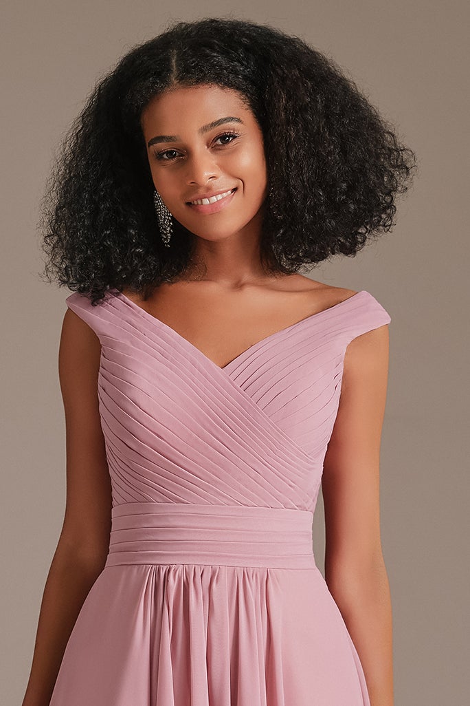 V-Neck Dusty Pink Bridesmaid Dress with Pockets