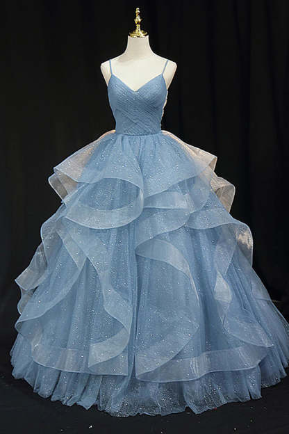 Long Light Purple Prom Dress with Spaghetti Straps and Ruffles in an A-Line Cut