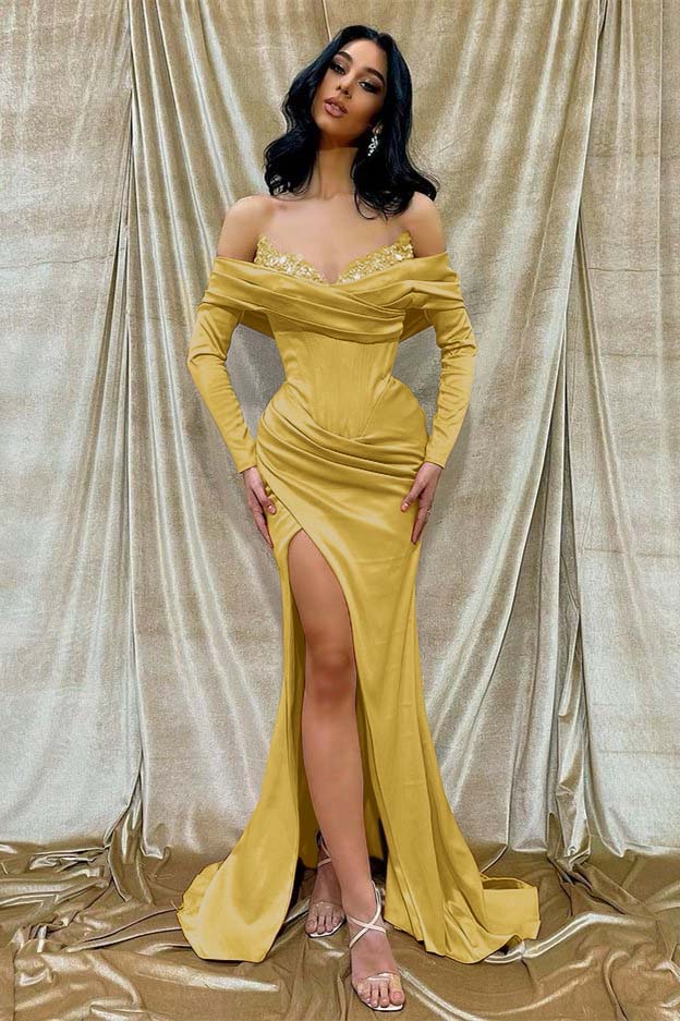 Off the Shoulder Long Sleeves Long Split Formal Dress With Beading
