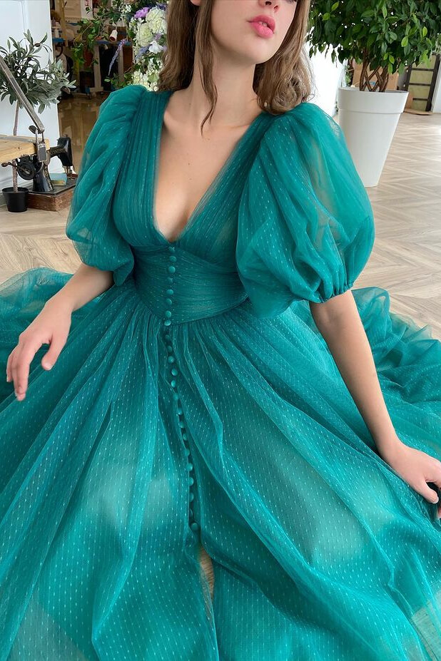 Dark Green Evening Dress A-Line With Short Sleeves V-Neck