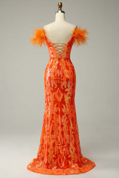 Fuchsia Long Prom Dress with Feathers in a Mermaid Off-the-Shoulder Style