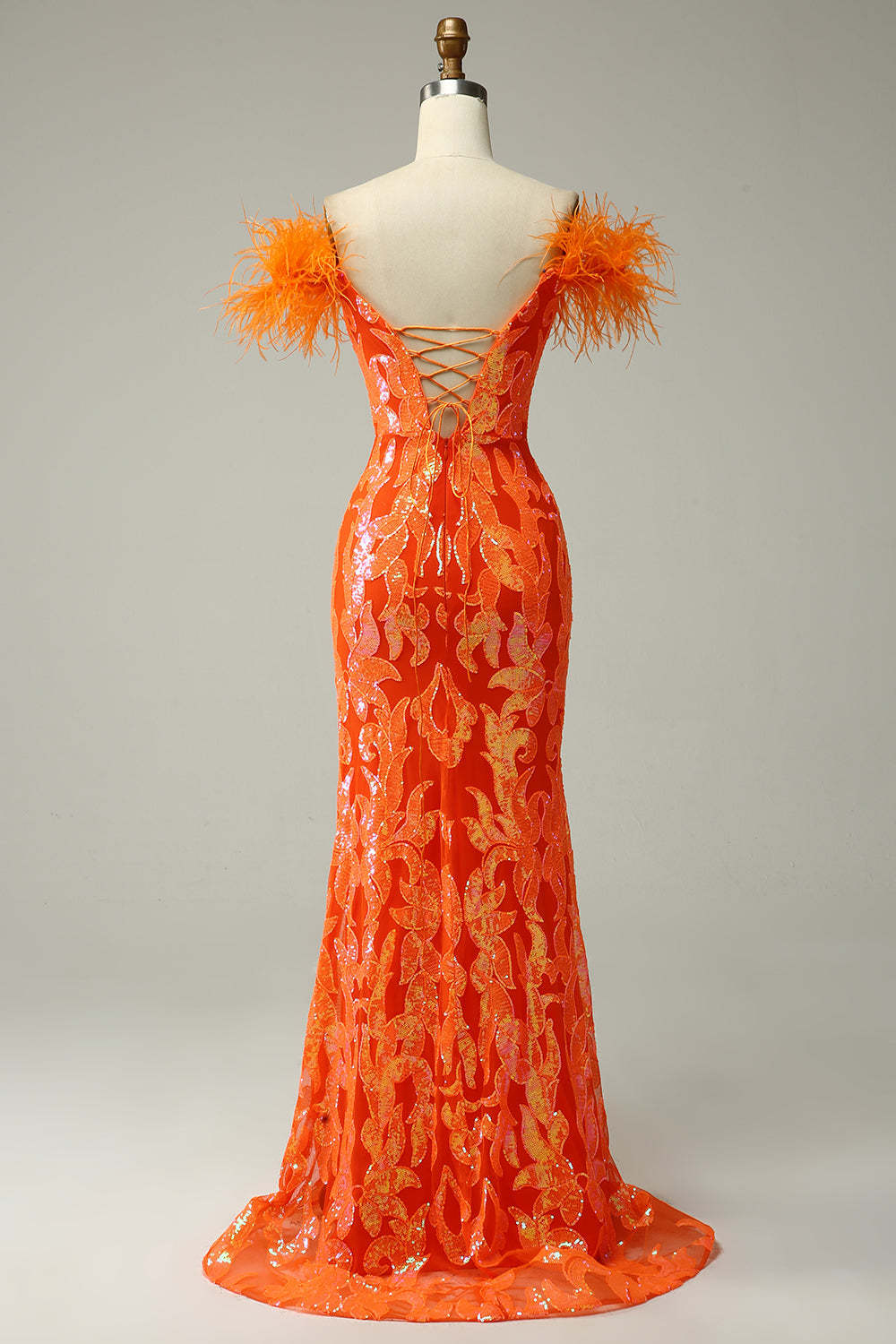 Orange Long Prom Dress with Feathers in a Mermaid Off-the-Shoulder Style